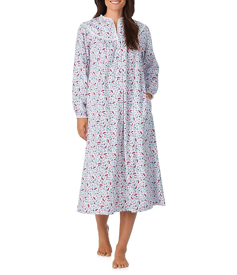 Lanz of Salzburg Cotton Flannel Eyelet Lace V-Neck Ballet Floral Bird Print Nightgown