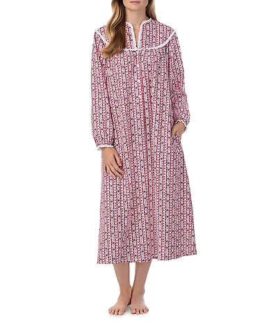 Lanz of Salzburg Cotton Flannel Eyelet Lace V-Neck Ballet Heart Print Nightgown