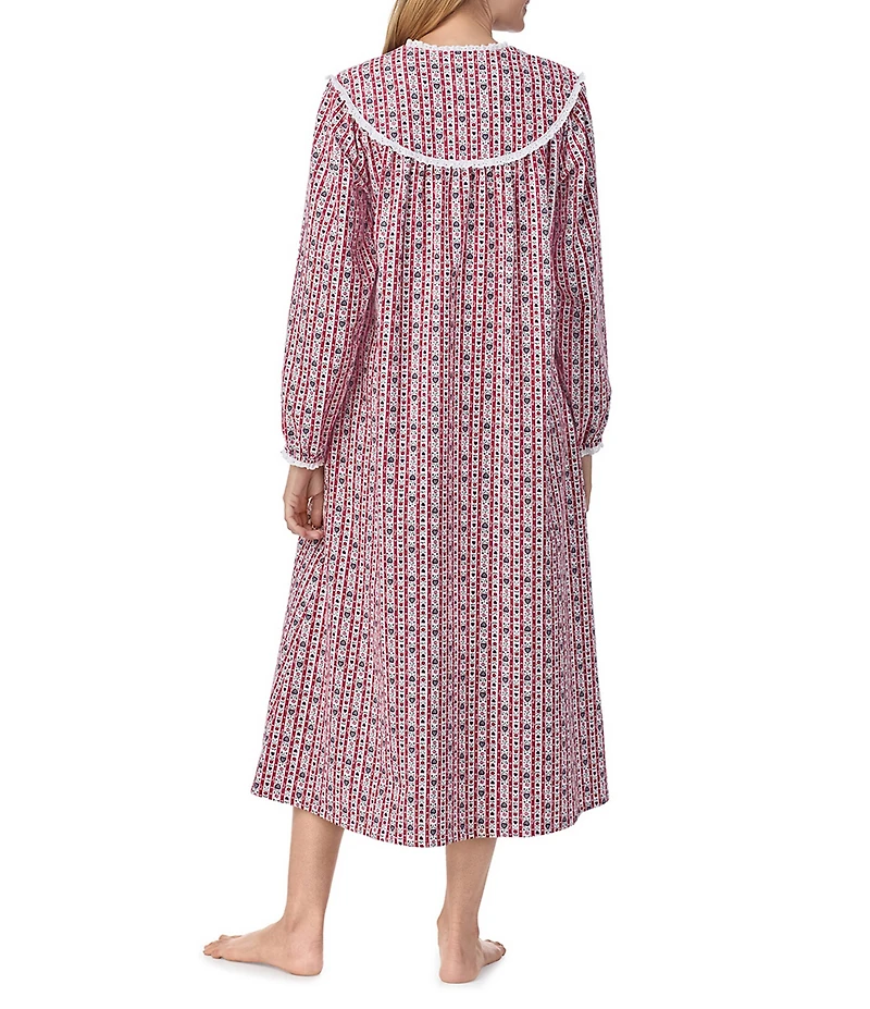 Lanz of Salzburg Cotton Flannel Eyelet Lace V-Neck Ballet Heart Print Nightgown