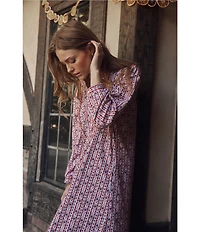 Lanz of Salzburg Cotton Flannel Eyelet Lace V-Neck Ballet Heart Print Nightgown