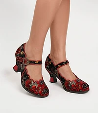 L'ARTISTE Adodora Tapestry Floral Print Velvet Hook-and-Loop Mary Jane Pumps
