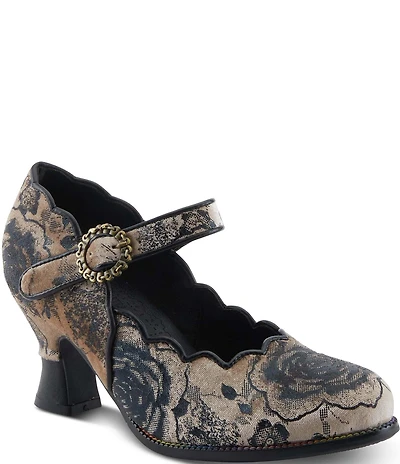 L'ARTISTE Adodora Tapestry Floral Print Velvet Buckle Hardware Mary Jane Pumps