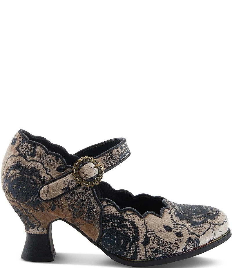 L'ARTISTE Adodora Tapestry Floral Print Velvet Buckle Hardware Mary Jane Pumps