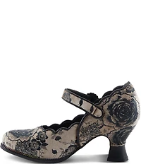 L'ARTISTE Adodora Tapestry Floral Print Velvet Buckle Hardware Mary Jane Pumps