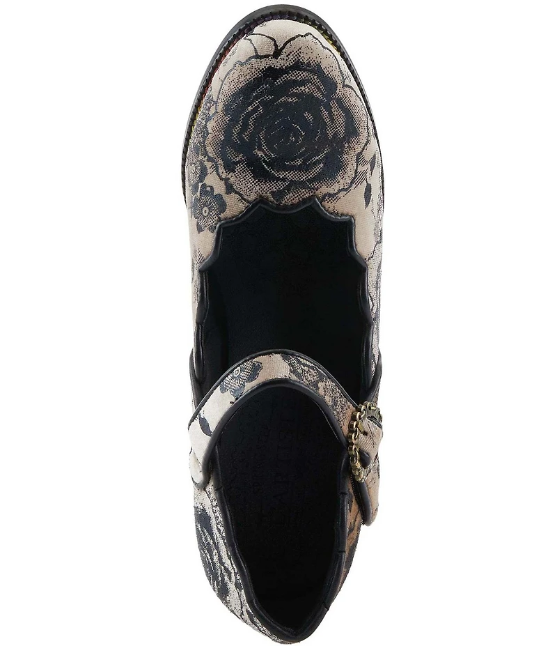 L'ARTISTE Adodora Tapestry Floral Print Velvet Buckle Hardware Mary Jane Pumps