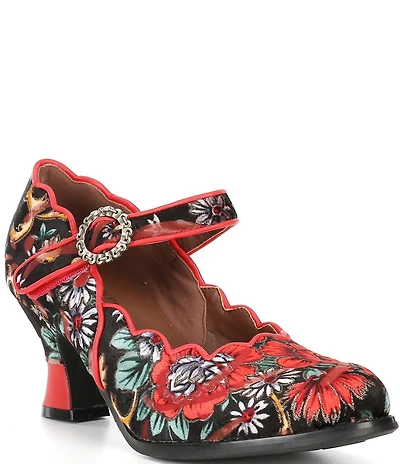 L'ARTISTE Adodora Tapestry Floral Print Velvet Buckle Hardware Mary Jane Pumps