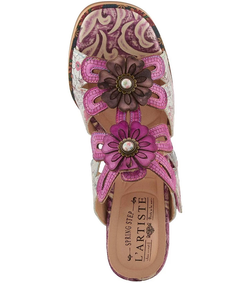 L'ARTISTE Alania Floral Print Leather Ornamented Slide Sandals