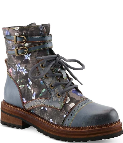 L'ARTISTE All The Way Floral Embossed Leather Combat Booties