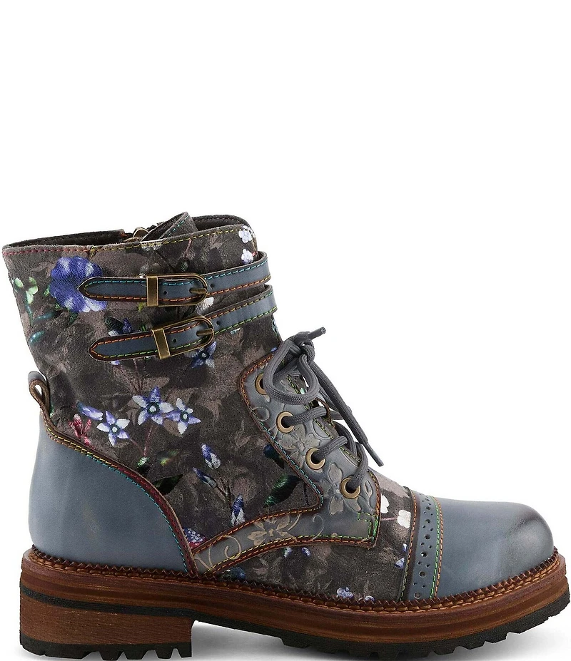L'ARTISTE All The Way Floral Embossed Leather Combat Booties