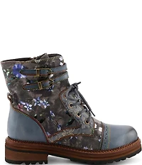L'ARTISTE All The Way Floral Embossed Leather Combat Booties