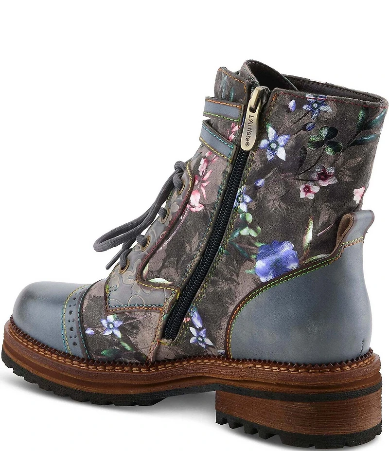 L'ARTISTE All The Way Floral Embossed Leather Combat Booties