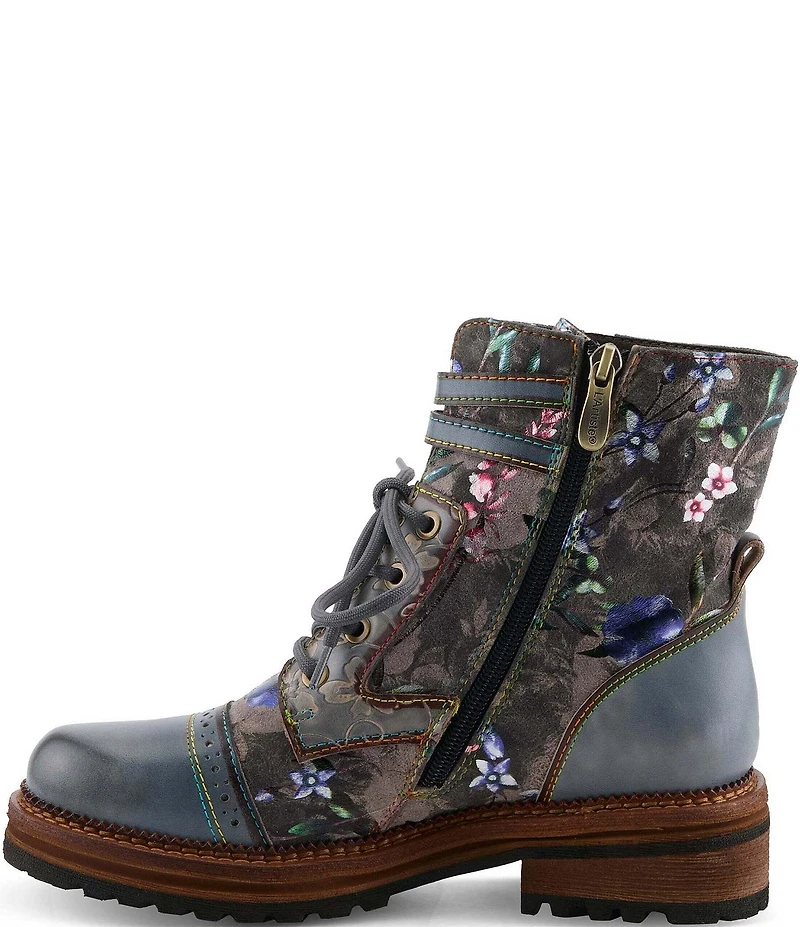 L'ARTISTE All The Way Floral Embossed Leather Combat Booties