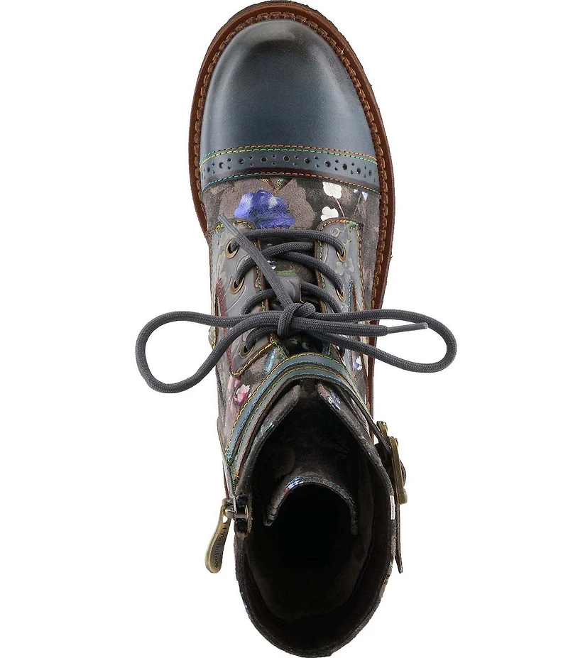 L'ARTISTE All The Way Floral Embossed Leather Combat Booties