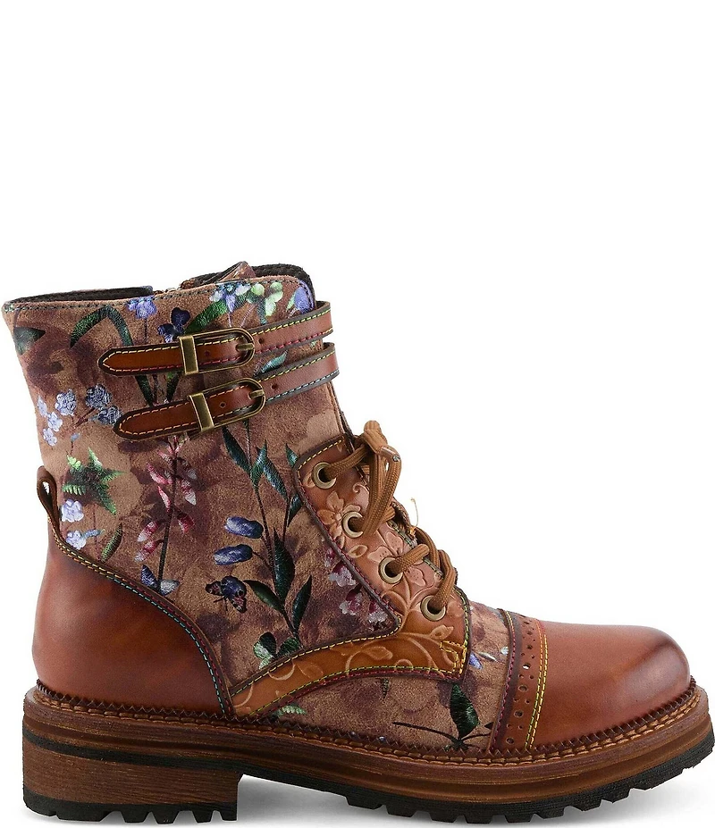 L'ARTISTE All The Way Floral Embossed Leather Combat Booties