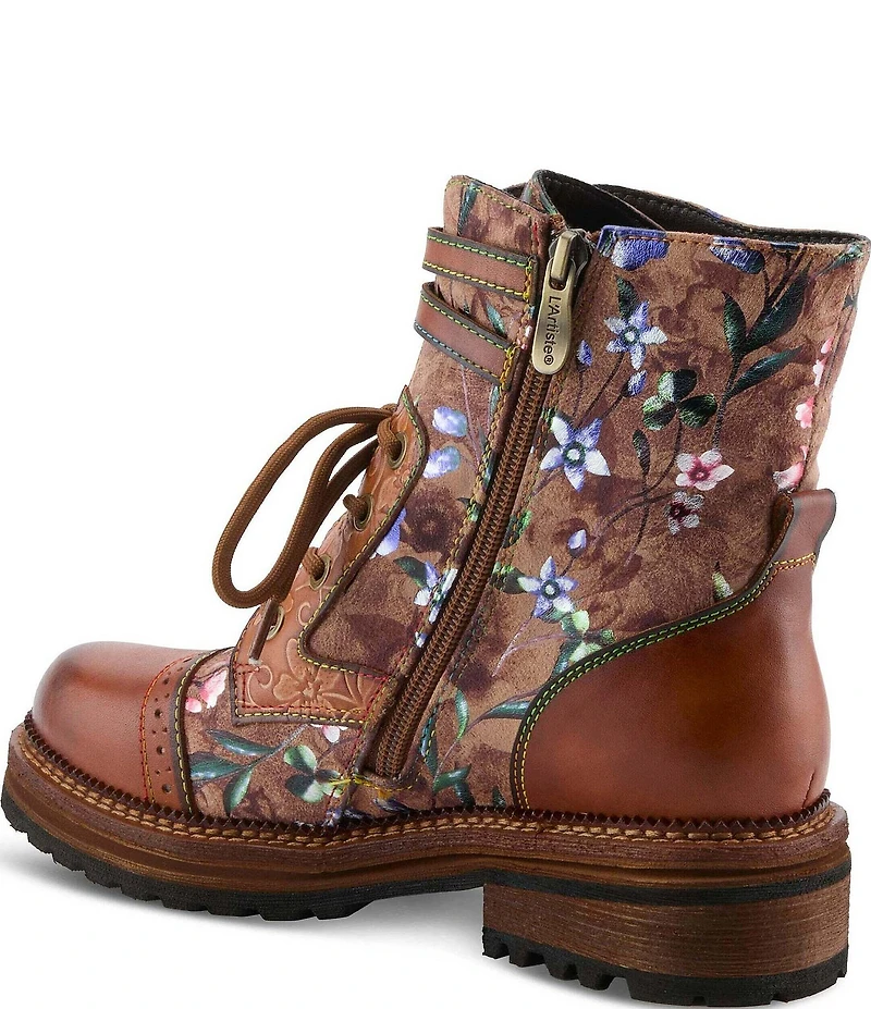 L'ARTISTE All The Way Floral Embossed Leather Combat Booties