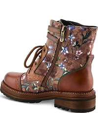 L'ARTISTE All The Way Floral Embossed Leather Combat Booties
