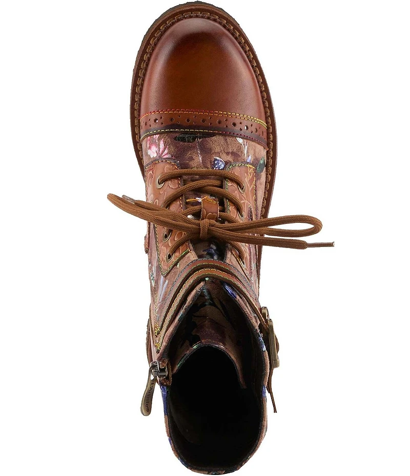 L'ARTISTE All The Way Floral Embossed Leather Combat Booties