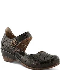 L'ARTISTE Americana Floral Perforated Leather Mary Jane Wedges