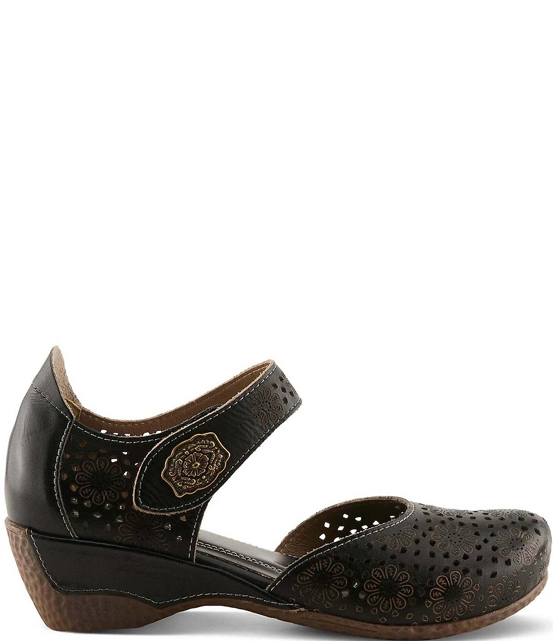 L'ARTISTE Americana Floral Perforated Leather Mary Jane Wedges