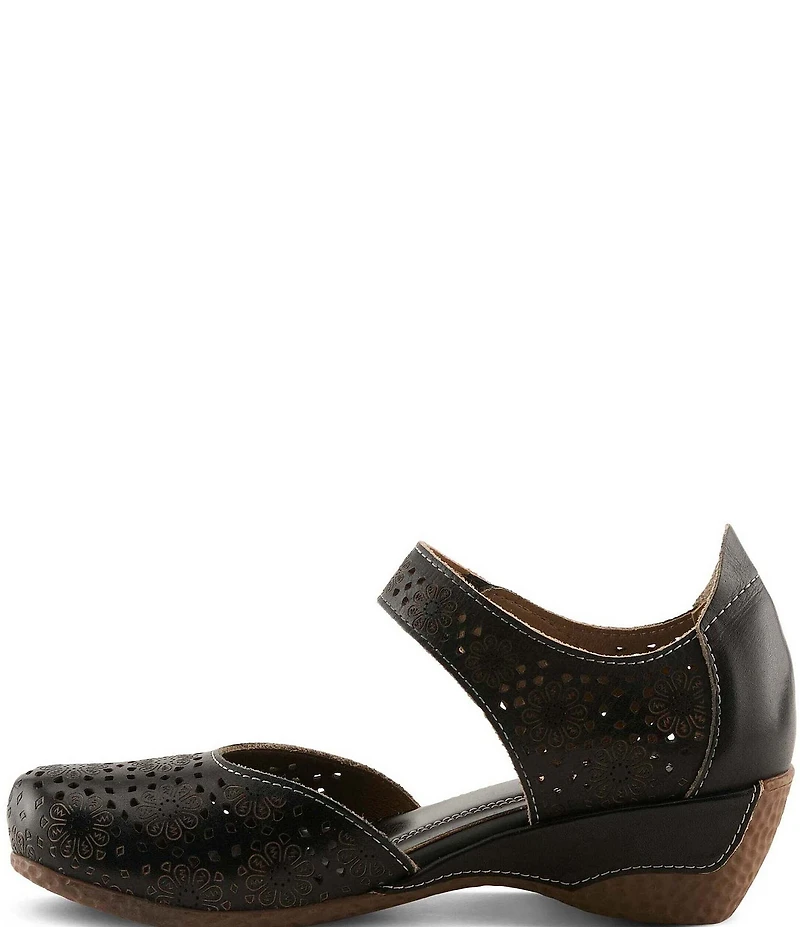 L'ARTISTE Americana Floral Perforated Leather Mary Jane Wedges