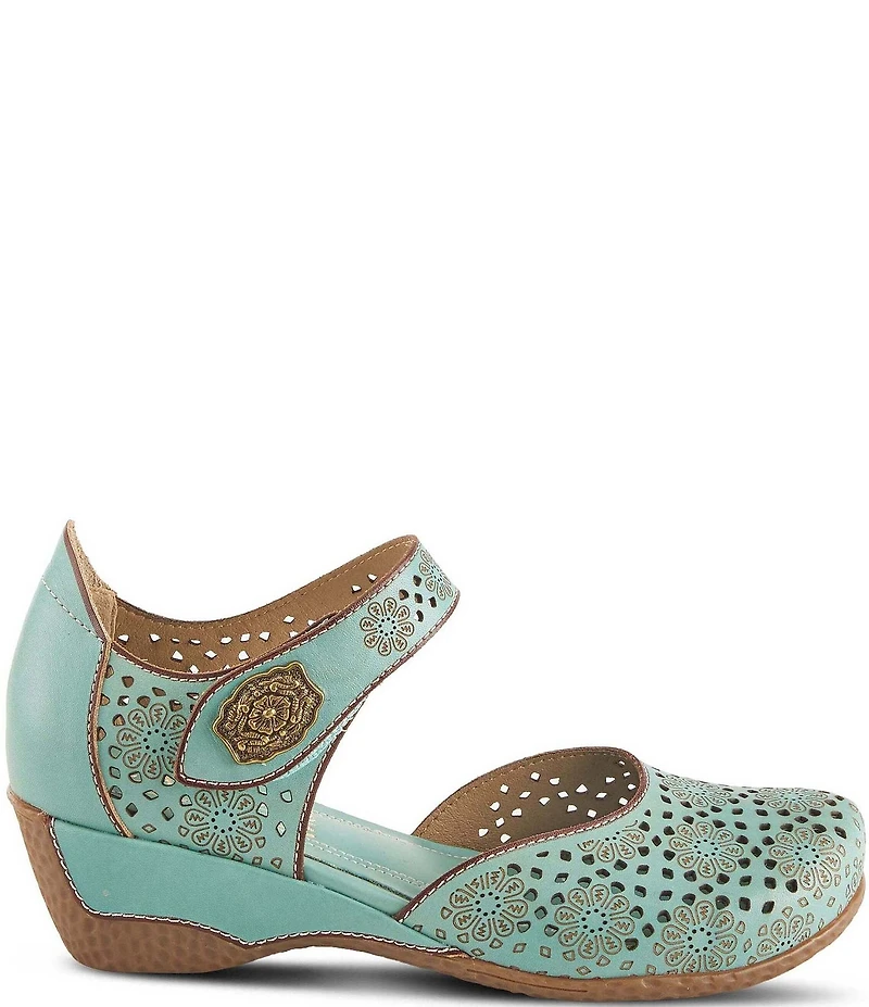 L'ARTISTE Americana Floral Perforated Leather Mary Jane Wedges