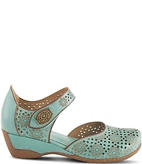 L'ARTISTE Americana Floral Perforated Leather Mary Jane Wedges