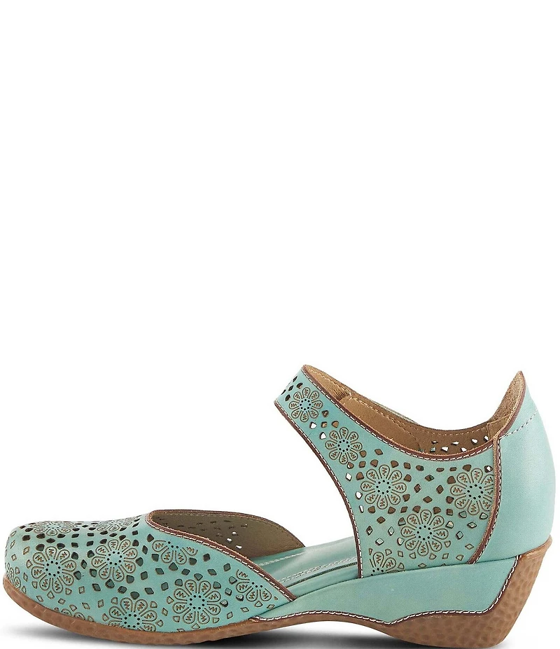 L'ARTISTE Americana Floral Perforated Leather Mary Jane Wedges