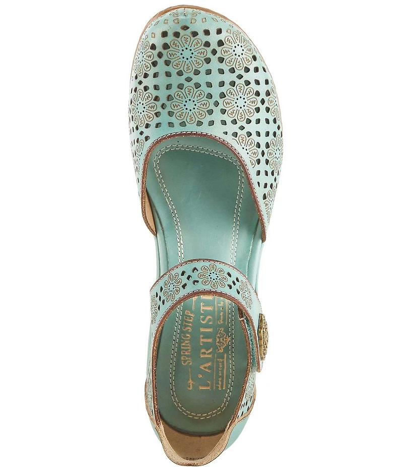 L'ARTISTE Americana Floral Perforated Leather Mary Jane Wedges