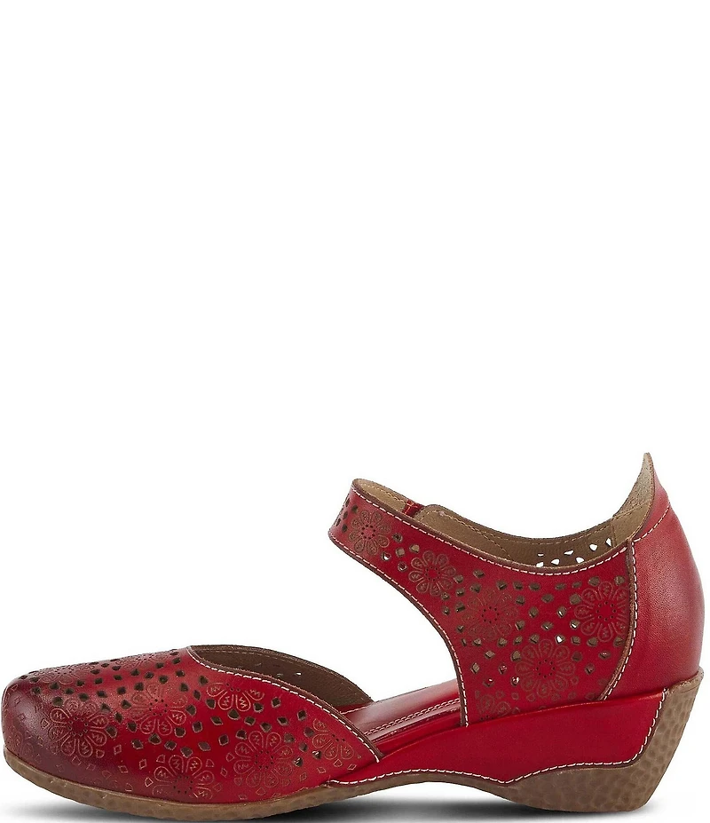 L'ARTISTE Americana Floral Perforated Leather Mary Jane Wedges