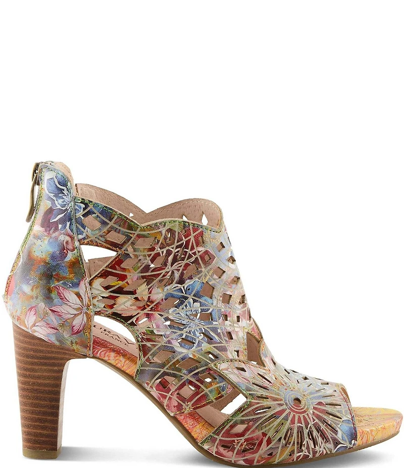 L'ARTISTE Amora-Fire Hand-Painted Rainbow Embossed Laser-Cut Leather Peep Toe Shooties