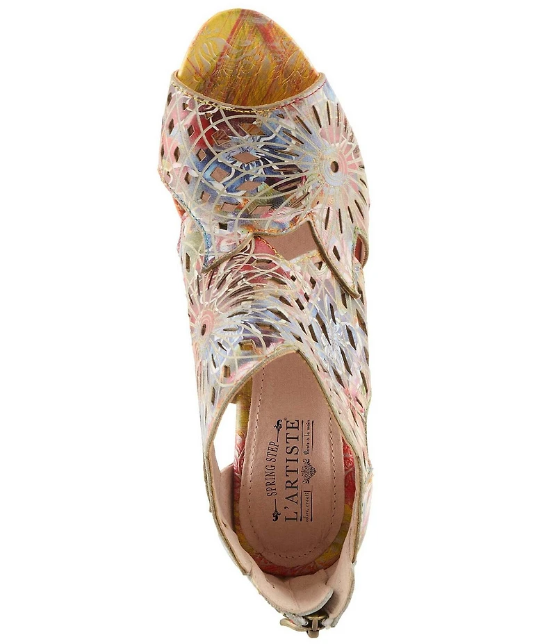 L'ARTISTE Amora-Fire Hand-Painted Rainbow Embossed Laser-Cut Leather Peep Toe Shooties