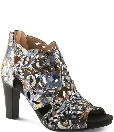 L'ARTISTE Amora Hand-Painted Embossed Laser-Cut Leather Peep Toe Shooties