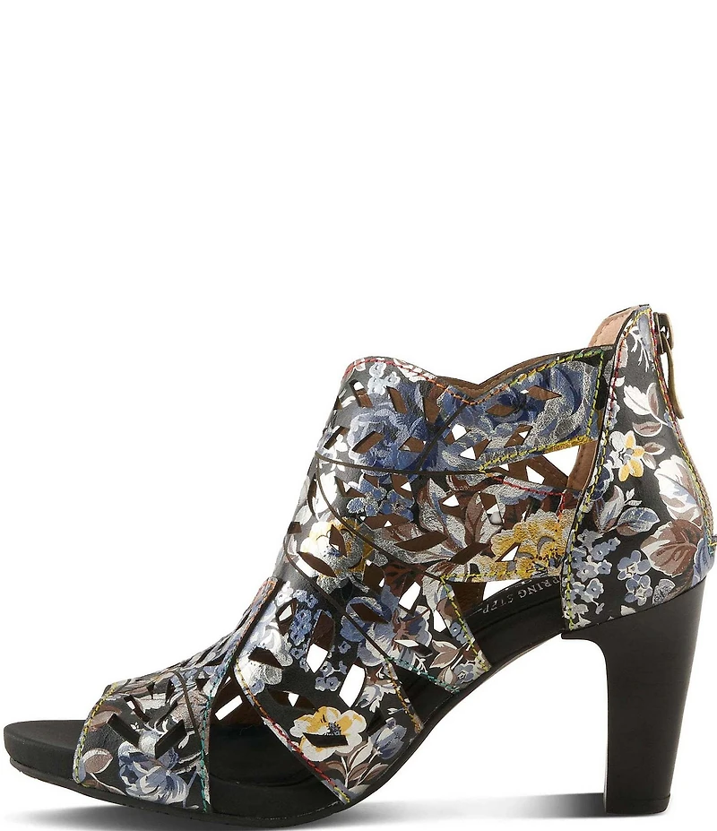 L'ARTISTE Amora Hand-Painted Embossed Laser-Cut Leather Peep Toe Shooties