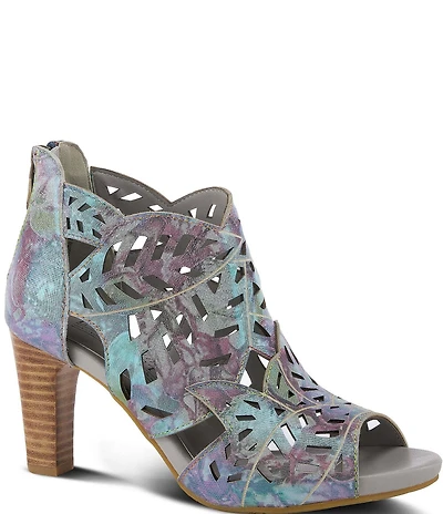 L'ARTISTE Amora Hand-Painted Embossed Laser-Cut Leather Peep Toe Shooties