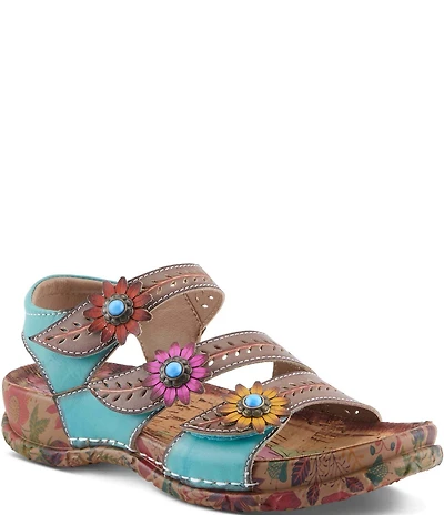 L'ARTISTE Anewtrio Leather Floral Applique Sandals