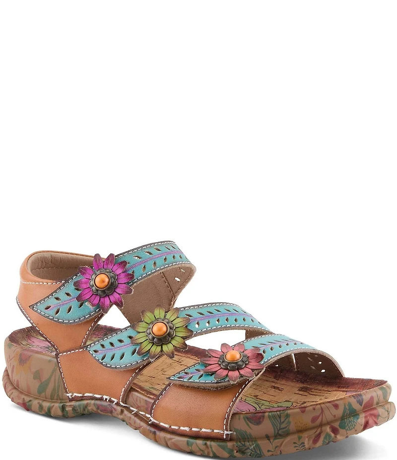 L'ARTISTE Anewtrio Leather Floral Applique Sandals