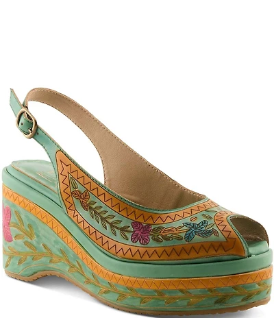 L'ARTISTE Artdevivre Leather Slingback Platform Peep Toe Wedges