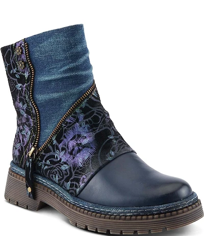 L'ARTISTE Avrilrose Floral Print and Denim Zip Booties