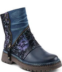 L'ARTISTE Avrilrose Floral Print and Denim Zip Booties