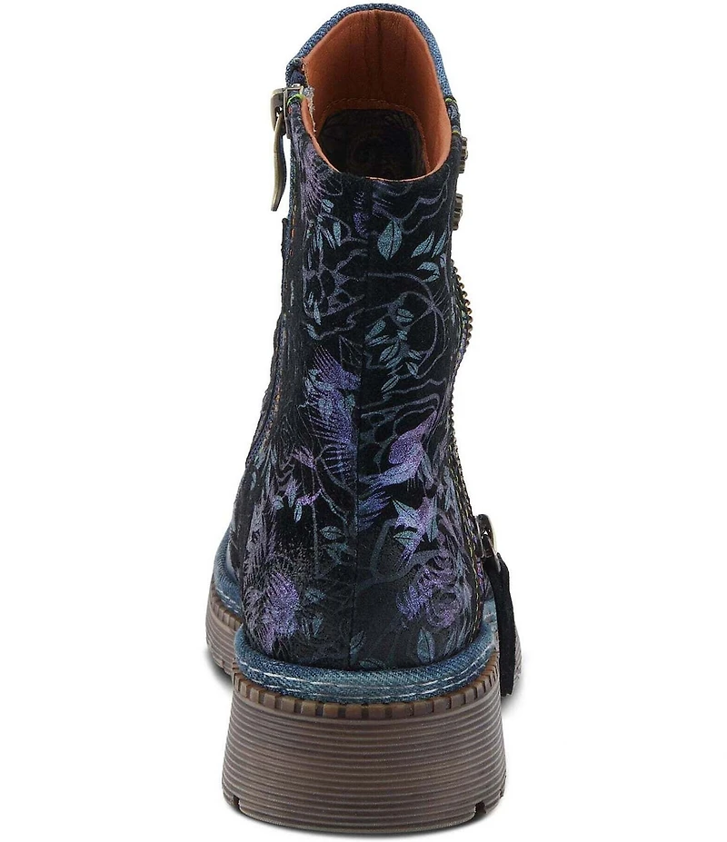 L'ARTISTE Avrilrose Floral Print and Denim Zip Booties
