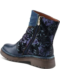 L'ARTISTE Avrilrose Floral Print and Denim Zip Booties