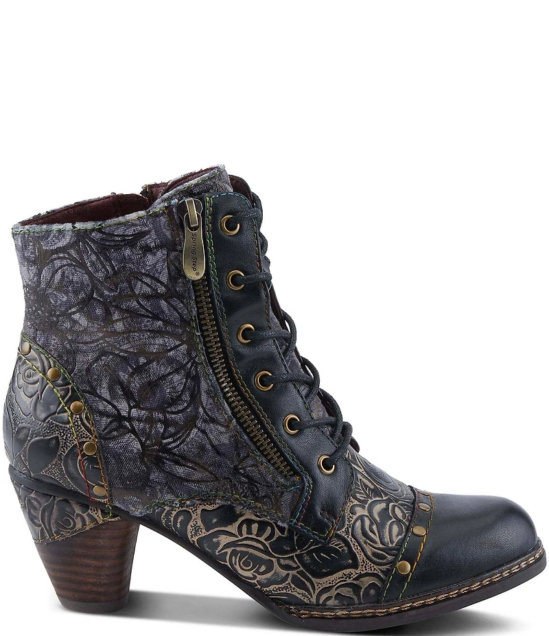 L'ARTISTE Avyanna Floral Embossed Leather and Velvet Lace Up Zip Booties