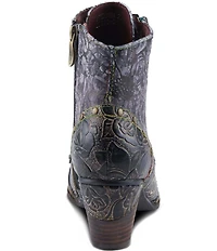 L'ARTISTE Avyanna Floral Embossed Leather and Velvet Lace Up Zip Booties