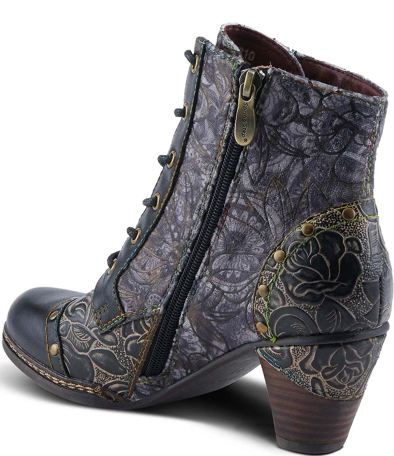 L'ARTISTE Avyanna Floral Embossed Leather and Velvet Lace Up Zip Booties