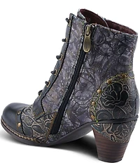 L'ARTISTE Avyanna Floral Embossed Leather and Velvet Lace Up Zip Booties
