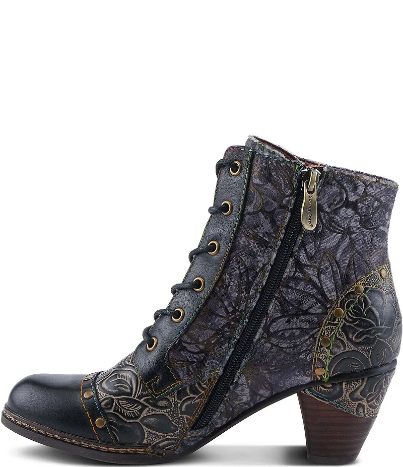 L'ARTISTE Avyanna Floral Embossed Leather and Velvet Lace Up Zip Booties