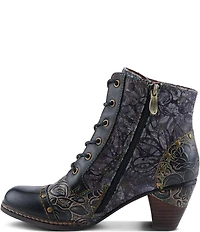 L'ARTISTE Avyanna Floral Embossed Leather and Velvet Lace Up Zip Booties