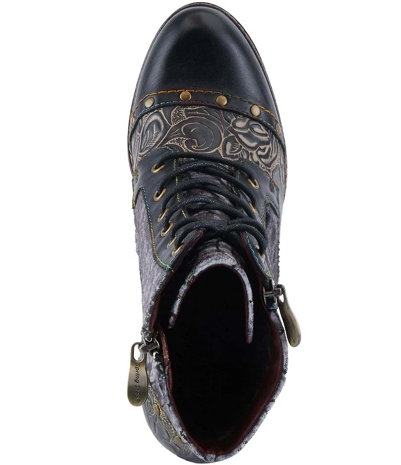 L'ARTISTE Avyanna Floral Embossed Leather and Velvet Lace Up Zip Booties