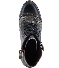 L'ARTISTE Avyanna Floral Embossed Leather and Velvet Lace Up Zip Booties