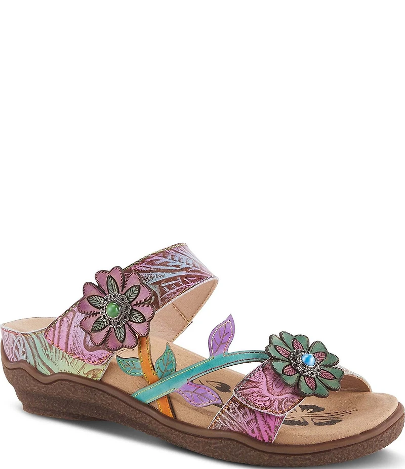 L'ARTISTE Aymee Leather Stone Embellished Floral Ornament Slide Sandals